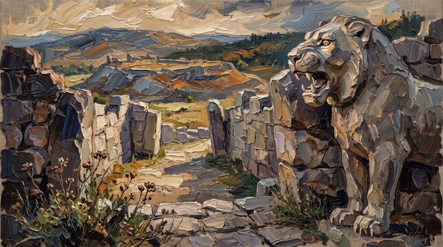 Lion gate at Hattusha with ancient stone walls and scenic landscape view