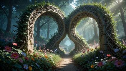 Fototapeta premium Enchanted Infinity Archway in Magical Forest Meadow