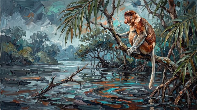 Proboscis monkey sitting on branch over river in natural habitat surrounded by foliage