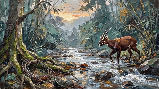 Saola crossing a forest stream surrounded by lush greenery and rocks in natural habitat
