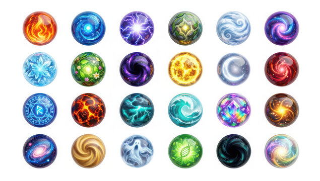 Set of magical elemental spheres and fantasy orbs isolated on transparent background