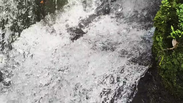 Pure fresh clean water flowing rapidly down a mountain stream with green mossy rocks