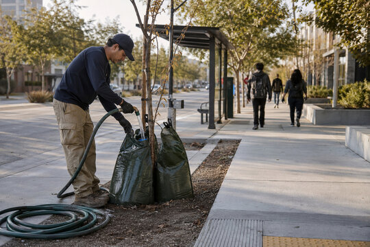 Refilling Tree Watering Bags on a Heat-Stressed Street