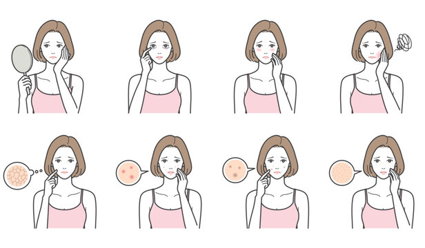 女性の肌トラブルと肌の悩みのイラスト8点セット（乾燥・ニキビ・シミ・毛穴・クマ・赤み）