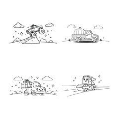 Monster truck jumping ramp pickup truck with giant pumpkin gift car and road roller coloring page set © imran