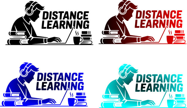 Distance Learning typography set featuring a male student wearing headphones studying at a desk with laptop computer, stack of books, and hot coffee cup in solid black, red gradient, blue gradient