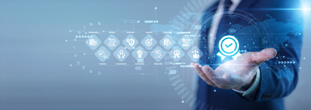 Analyst hand hold digital tablet Quality Assurance concept verifying software system bugs, application performance testing, product deployment standard evaluation and control. Expert management.