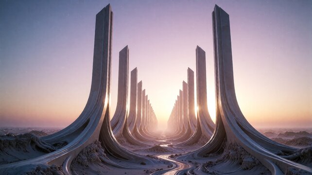 Futuristic Monolithic Architecture in Alien Desert Landscape
