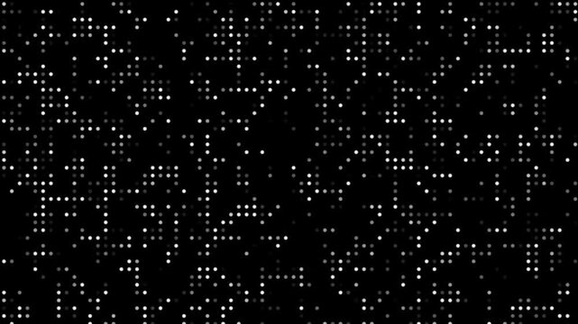 White Halftone Dot Gradient Motion Background with Vintage Grunge Texture. Abstract 2D Digital Pattern on Black Screen for Motion Graphics, Futuristic Technology Visuals, Modern UI Design, Creative 4k