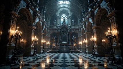 Fototapeta premium Gothic Throne Room with Checkerboard Floor and Lit Candelabras