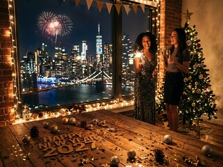 Obraz premium Two joyful women celebrating happy new year 2027 with sparklers and champagne, city lights outside window.