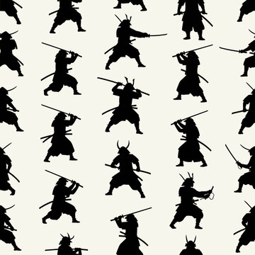 Samurai Warriors Combat Stances Silhouette Pattern