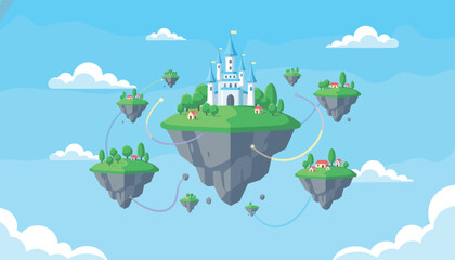 Obraz premium Magical fantasy kingdom with floating islands in the sky featuring a central castle and village houses.