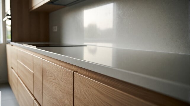 Modern Minimalist Kitchen Countertop with Wood Grain Cabinets