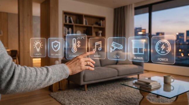 Smart home automation system control interface with icons for lights security climate audio cctv blinds and power management on glass screen in modern living room interior design
