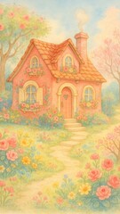 Fototapeta premium Charming cottage in blooming garden mobile wallpaper