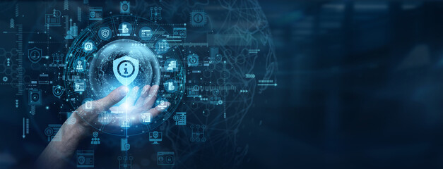 Modern digital cloud architectures require resilient protective firewalls. A cybersecurity expert touch a data flow on global network Information Security protocols to defend corporate assets. © NexPix
