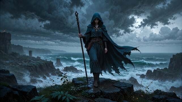 Mystical hooded wanderer standing on a rugged coastal cliff