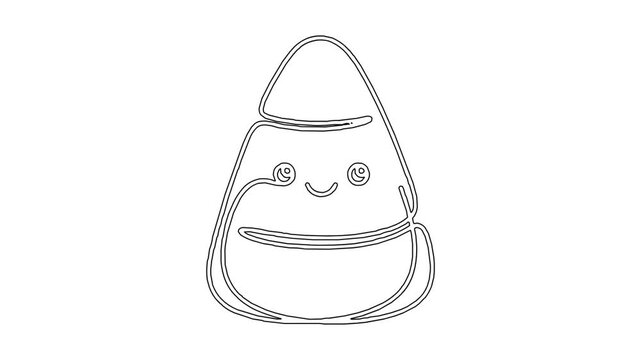 Continuous line drawing animation of candy corn character with cute smile for halloween celebrations on white background showing dynamic motion of black ink minimalist design for festive projects.