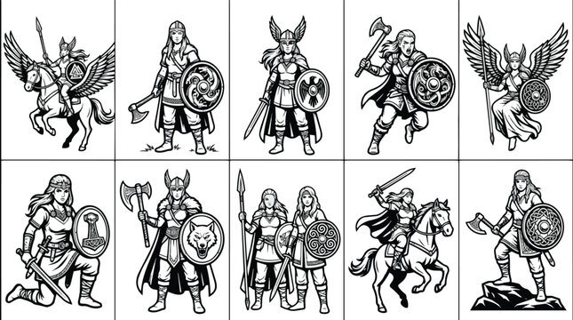 Viking Valkyrie warrior woman set, Norse mythology female fighters with shields and axes, 10 black and white vector illustrations of shieldmaidens