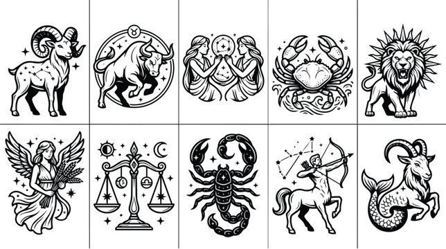 Mystical zodiac signs collection, celestial astrology horoscope icons, black and white esoteric vector set for tarot and divination