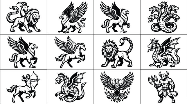 Mythological creatures and monsters vector set, 12 ancient greek mythology icons, black and white fantasy beast illustrations for heraldry and gaming