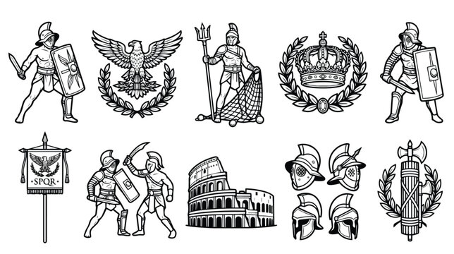 Ancient Roman gladiator icons set, vintage warrior and legionary vector illustrations, black and white imperial Rome symbols for history projects