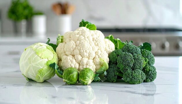 Fresh cauliflower, broccoli, cabbage and Brussels sprouts on marble