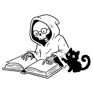Skeleton grim reaper wearing glasses reading a spell book with a cute playful black cat, funny studying wizard line art, minimalist monochrome doodle illustration