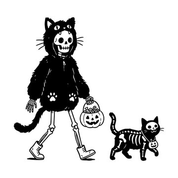 Skeleton in a black cat hoodie costume holding a pumpkin bucket walking with a skeleton cat, cute trick or treat line art, minimalist halloween illustration