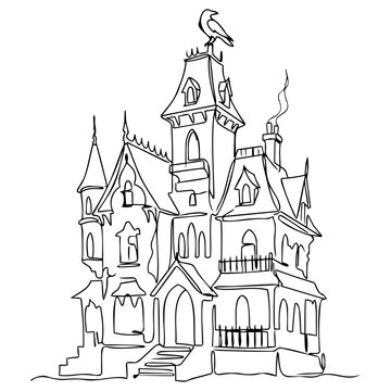 Spooky haunted house outline with a raven on the roof, creepy abandoned mansion line art, minimalist black and white halloween vector illustration