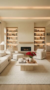 Tracking shot through a welcoming open-concept living area with symmetrical wood shelving and white armchairs