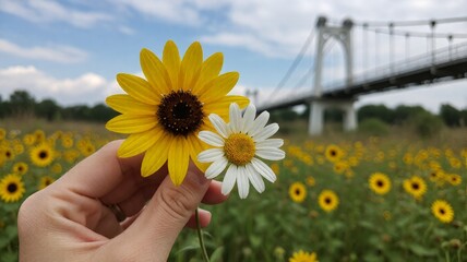 Fototapeta premium Sunflower and Daisy Held in Hand Before Suspension Bridge