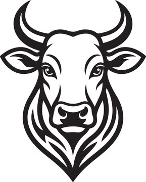 Print Cow head vector illustration. Black and white bull mascot logo design.