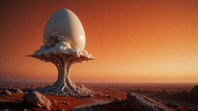 Surreal Alien Landscape with Egg-Shaped Structure on Organic Pedestal