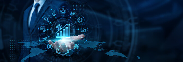 Marketing director hand holding smart pad analyzing revenue growth metrics to Increase Sales and boost corporate profitability. Strategic campaign planning driving market expansion goals. © NexPix