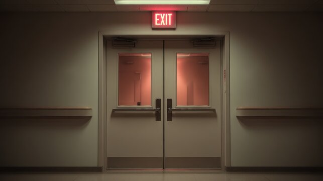 Hospital emergency exit double doors with glowing red sign in dim corridor. Safety concept for facility.