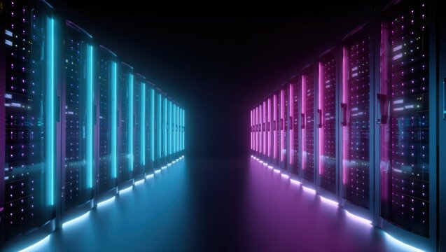 Futuristic data center aisle showcasing illuminated server racks with vibrant blue and pink neon lighting, representing cutting-edge technology and digital infrastructure
