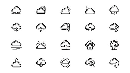 Fototapeta premium Collection of weather icons featuring clouds rain snow lightning and various atmospheric conditions with transparent backgrounds