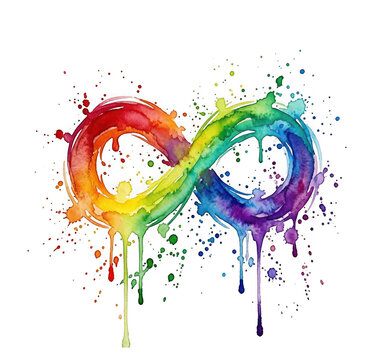 Watercolor infinity symbol with rainbow paint splashes isolated on transparent background