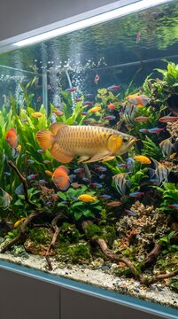 Asian arowana fish swimming among tropical aquatic plants in a natural aquarium setup