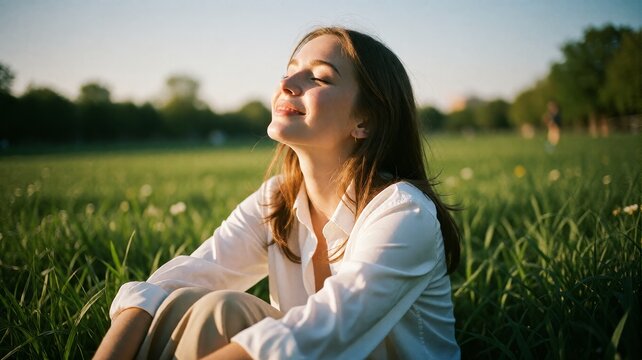 Young Woman Enjoying Warm Sunlight in a Lush Green Park