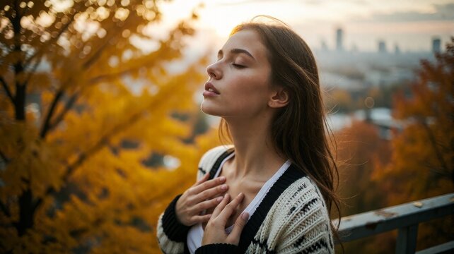 Young Woman Finding Inner Peace During Autumn Sunset