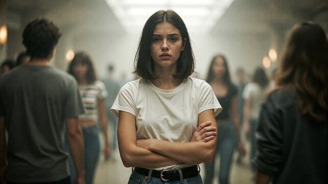 Young woman standing stoic amidst a blurred crowd