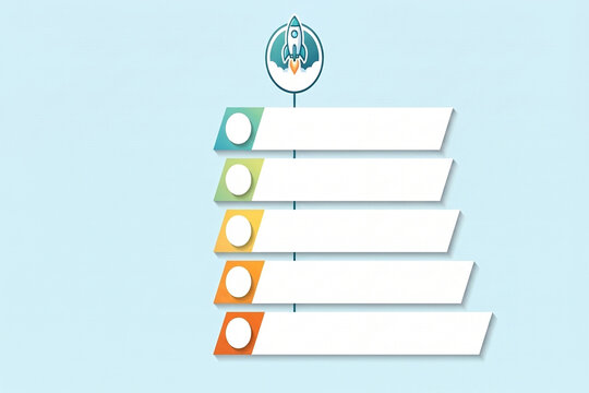 Flat infographic template with rocket launch concept and progress steps against a light blue background