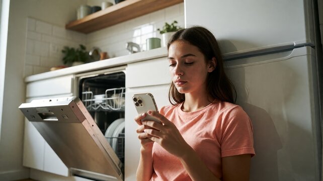 Young Woman Using Smartphone While Sitting on Kitchen Floor