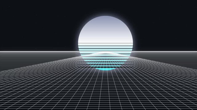 Retro synthwave landscape with glowing sun digital animation