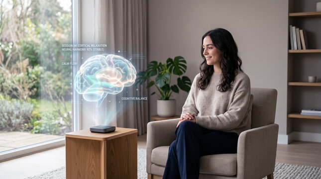 Woman sitting at home observing a futuristic holographic brain interface for mental health care