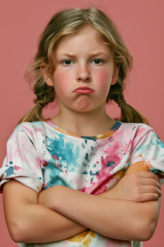 angry girl with folded arms on isolated on plain pink colour studio background