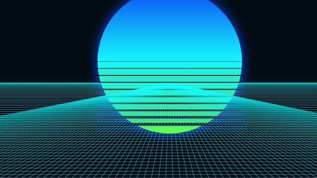 Retro synthwave landscape with glowing neon sun digital animation